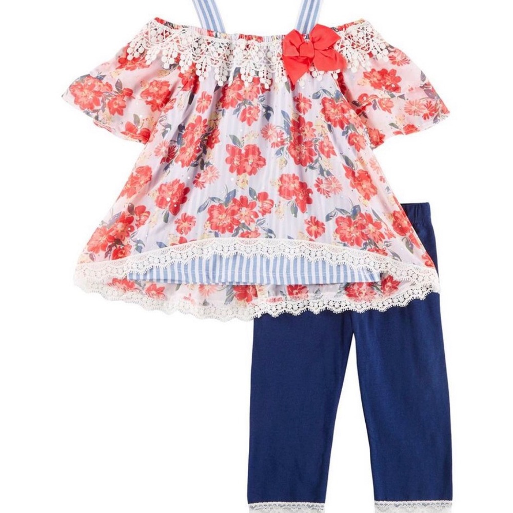 Little Lass Floral Crochet Trim Cold Shoulder Top & Leggings